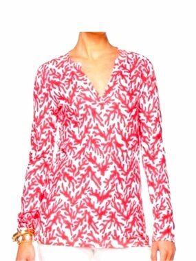Lilly Pulitzer Coral Print V- neck Tunic Top - Red & White medium EUC